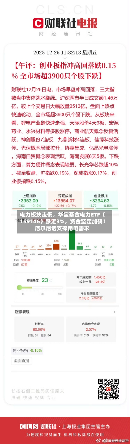 电力板块走低，华宝基金电力ETF（159146）跌近3%，资金坚定加码！厄尔尼诺支撑用电需求