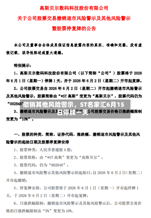 撤销其他风险警示，ST名家汇6月15日停牌一天-第2张图片