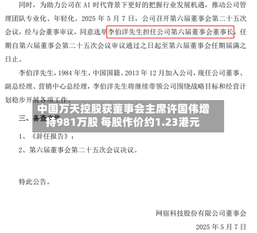 中国万天控股获董事会主席许国伟增持981万股 每股作价约1.23港元