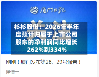 杉杉股份：2026年半年度预计归属于上市公司股东的净利润同比增长262%到334%