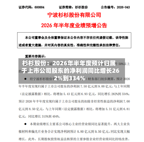 杉杉股份：2026年半年度预计归属于上市公司股东的净利润同比增长262%到334%-第2张图片