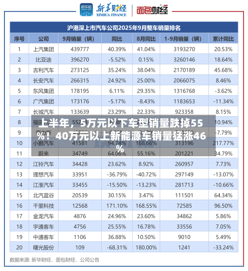 上半年，5万元以下车型销量跌掉55%！40万元以上新能源车销量猛涨46%