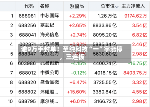 逾9万手封单！至纯科技“一”字涨停，三连板