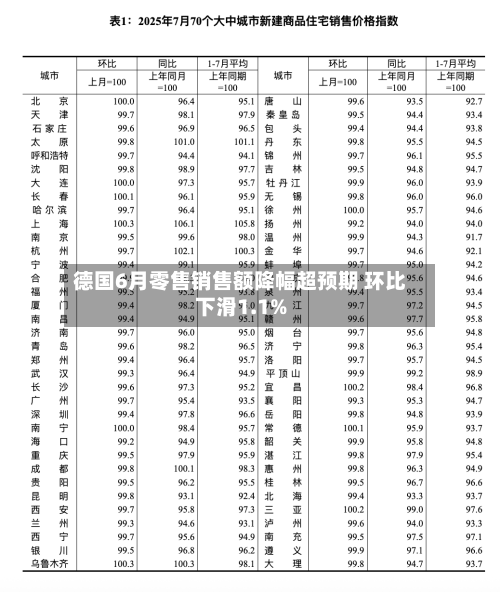 德国6月零售销售额降幅超预期 环比下滑1.1%