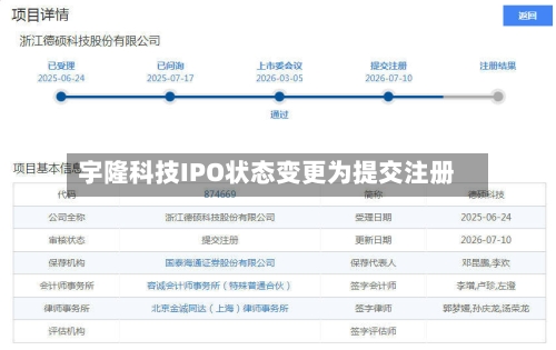 宇隆科技IPO状态变更为提交注册