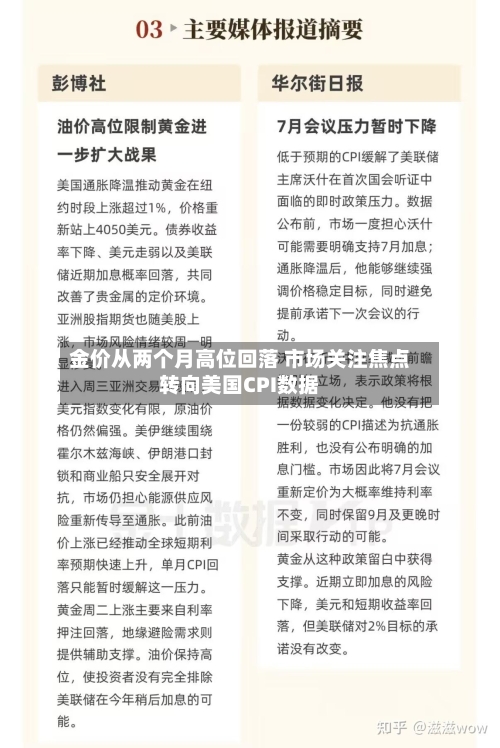 金价从两个月高位回落 市场关注焦点转向美国CPI数据