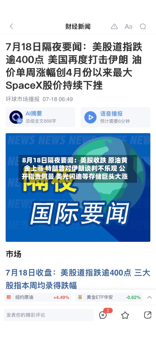 8月18日隔夜要闻：美股收跌 原油黄金上涨 特朗普对伊朗谈判不乐观 公开指责阿曼 美光闪迪等存储巨头大涨-第2张图片