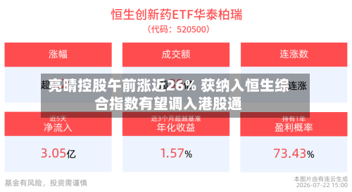 亮晴控股午前涨近26% 获纳入恒生综合指数有望调入港股通